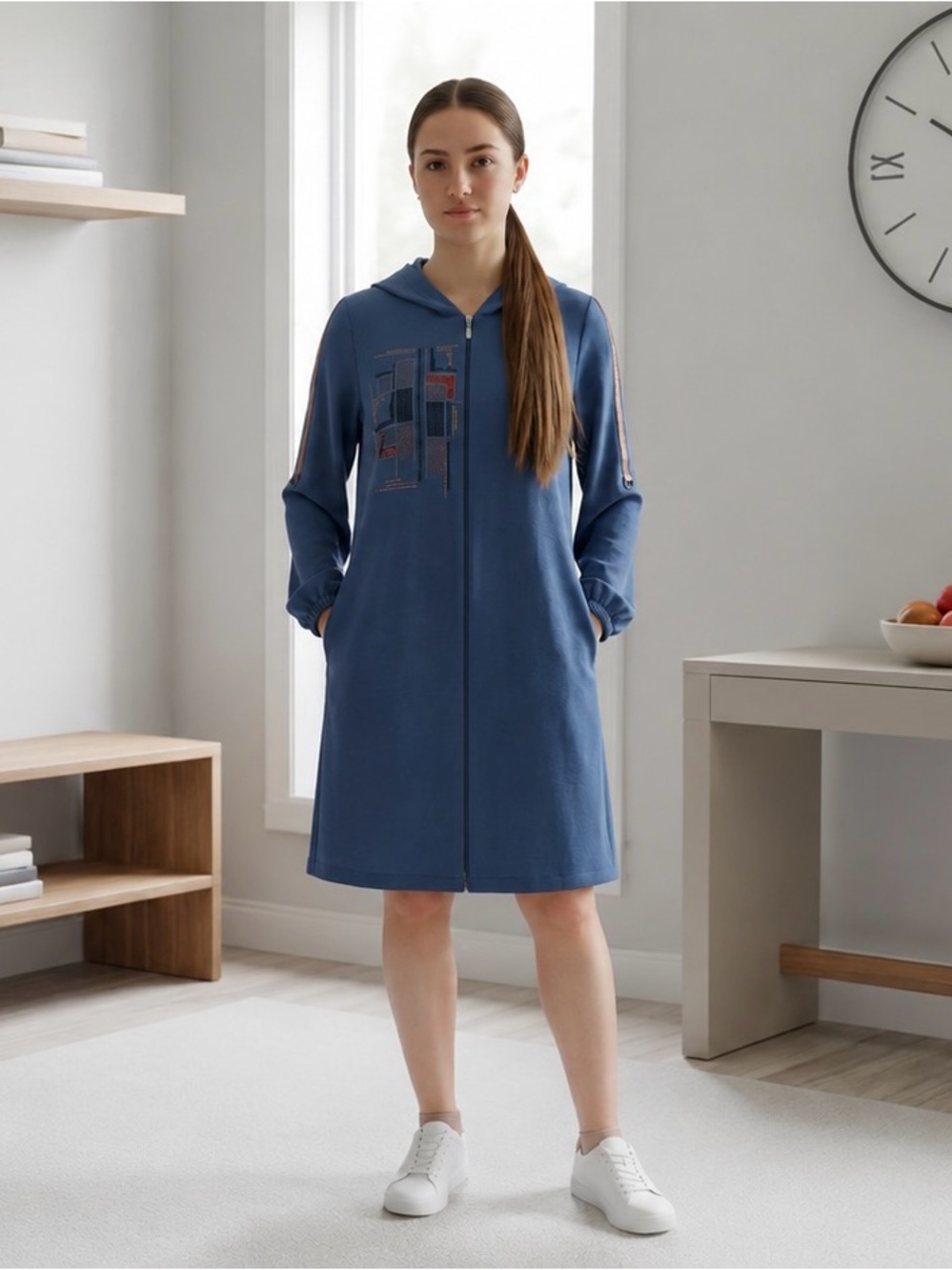 Blue Zip-Up Hooded Dress